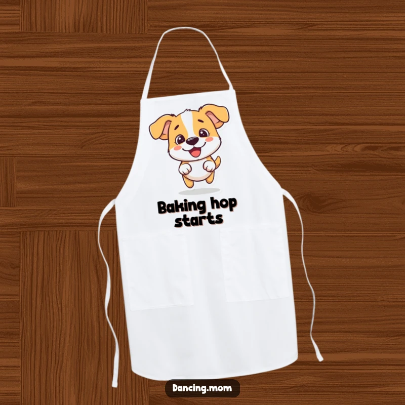 Funny dog apron featuring a dog doing a silly little hop with pure fun, perfect for kitchen humor.