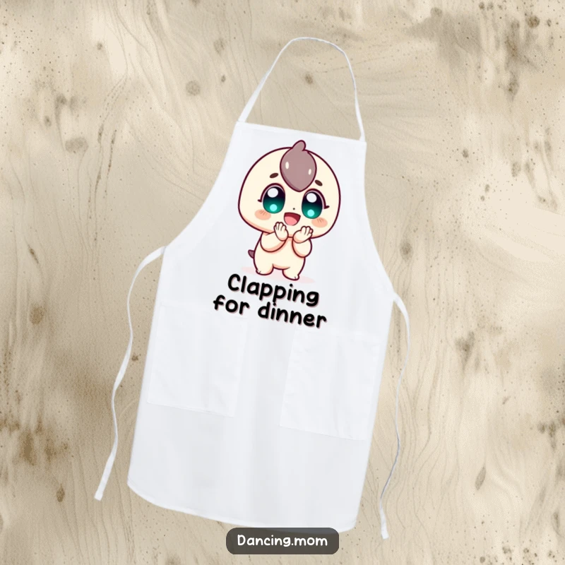 Funny Apron: Cheerful character clapping with wide, joyful eyes, perfect for adding humor and enthusiasm to any kitchen task as a funny gift.