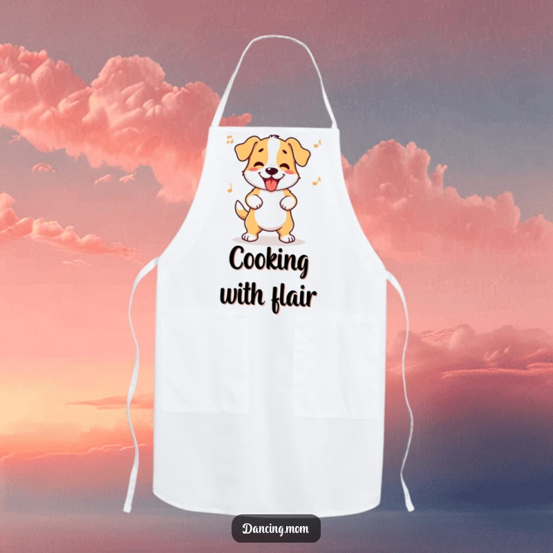 Funny dog apron featuring a dog wiggling its hips with infectious rhythm, perfect for kitchen fun and happy cooking.
