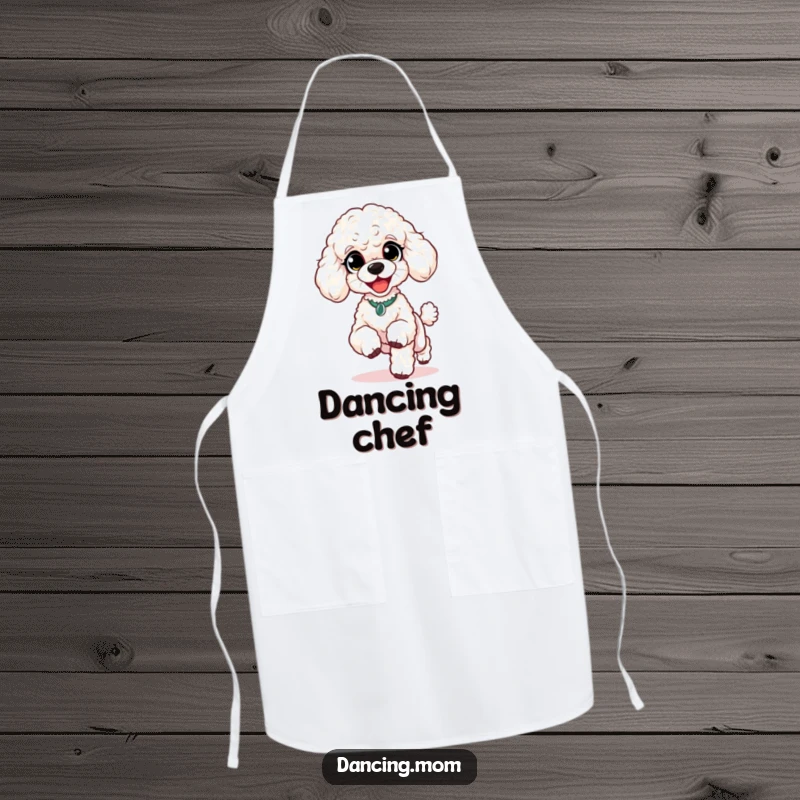 Funny Poodle Happy Shuffle Apron: A poodle with delighted eyes does a lively shuffle with tiny feet, perfect for a cheerful kitchen.