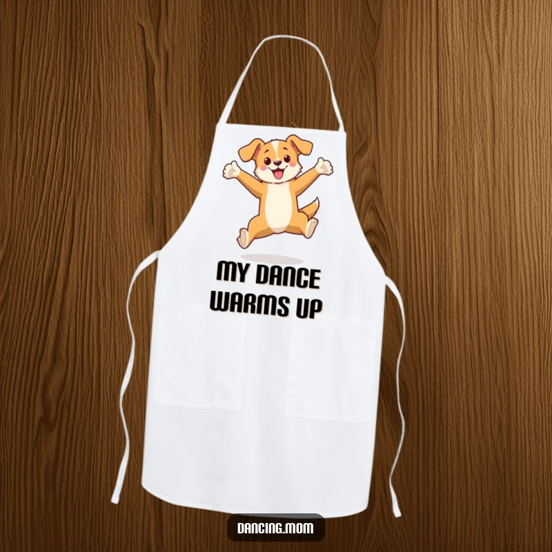 Funny apron with a dog leaping elegantly, arms extended, ready to cook or serve with comical grace.