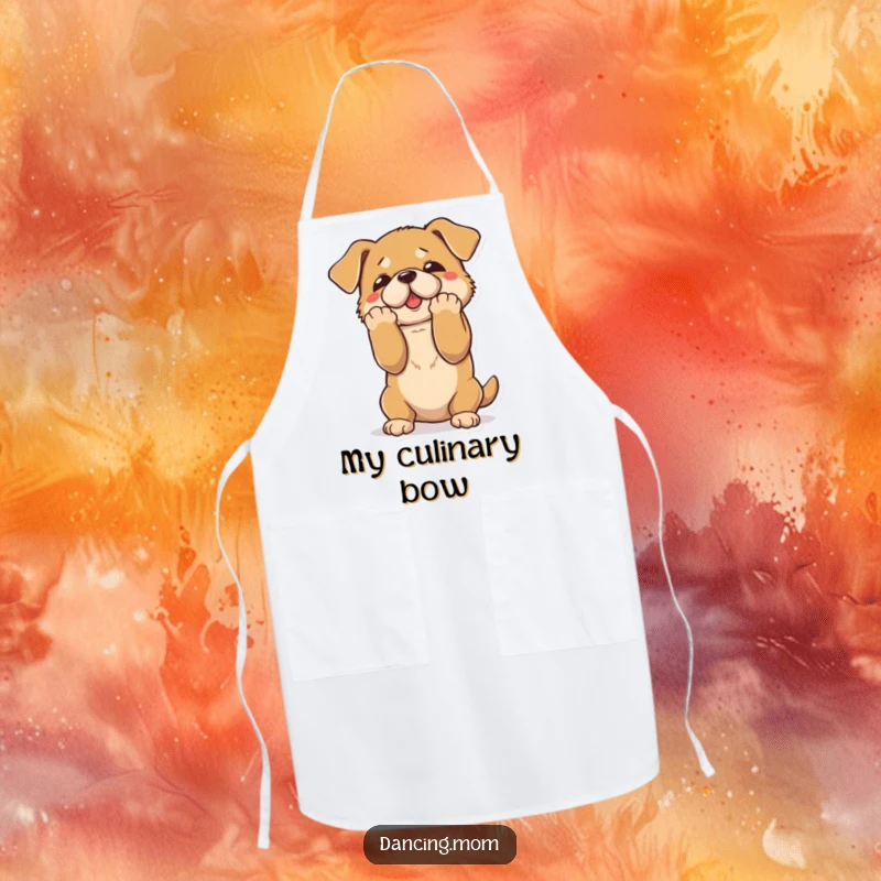 Funny apron with a dog executing a dramatic bow, paws flourished, ready for a standing ovation from your culinary creations.