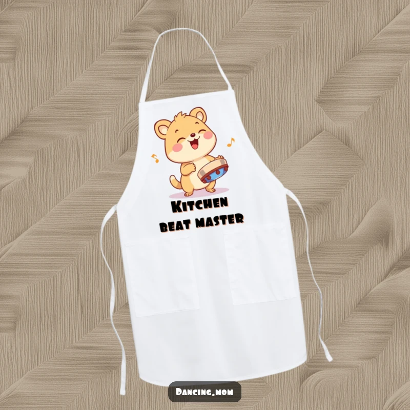 Funny animal character playing a tambourine with infectious rhythm, shown on a humorous and practical kitchen apron.