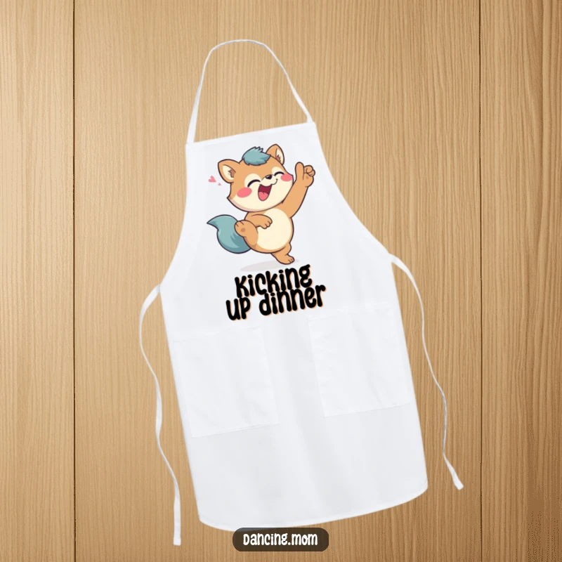 Funny Apron: Giggling animal character performing a high kick with a playful wink, designed for kitchen fun and laughter.