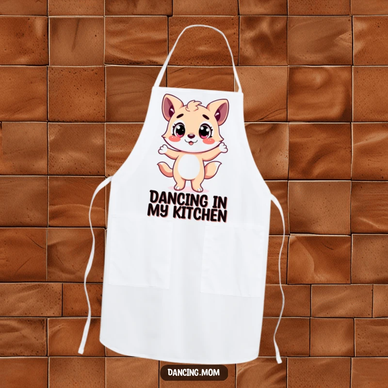 Funny Apron: Happy animal character with wide eyes striking a dramatic dance pose while cooking, bringing fun to the kitchen.