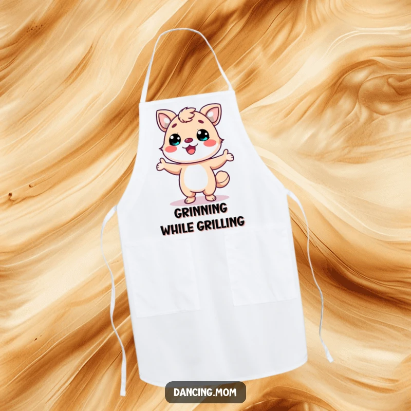 Funny apron depicting a kawaii dancing animal with a wide smile, striking a fun pose, ready for culinary cheer.