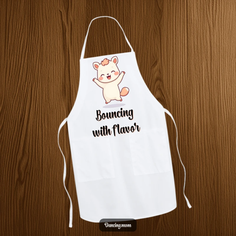 Funny apron depicting a kawaii dancing animal doing a playful hop with a radiant happy expression, ready for kitchen fun.