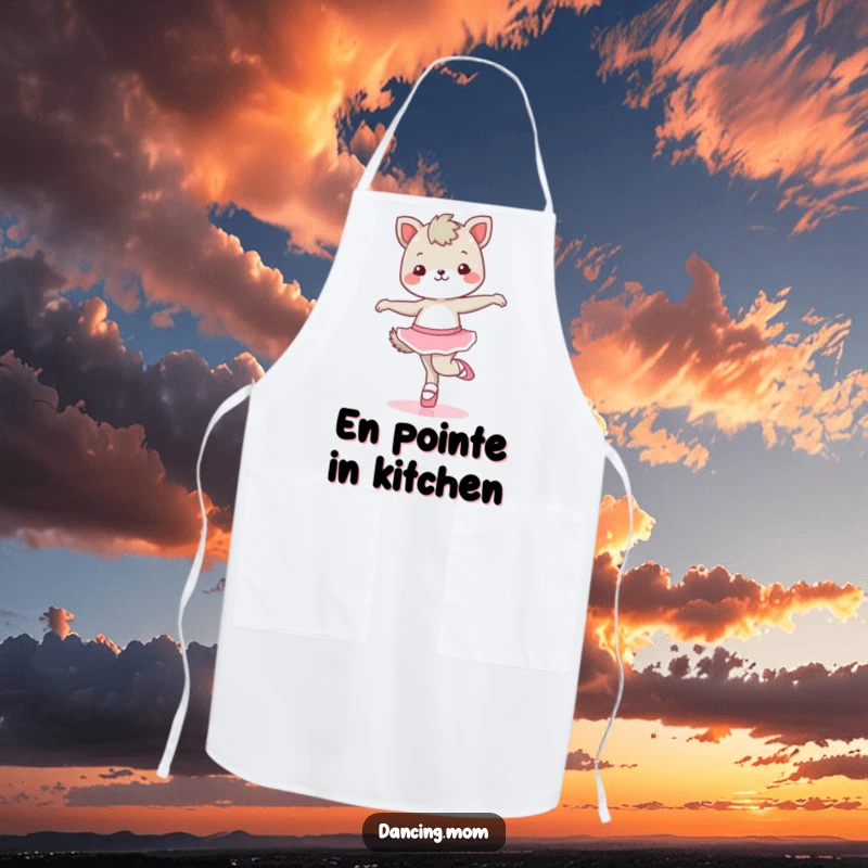 Funny kawaii dancing animal character in ballet shoes, twirling while cooking, on a cute and humorous kitchen apron.