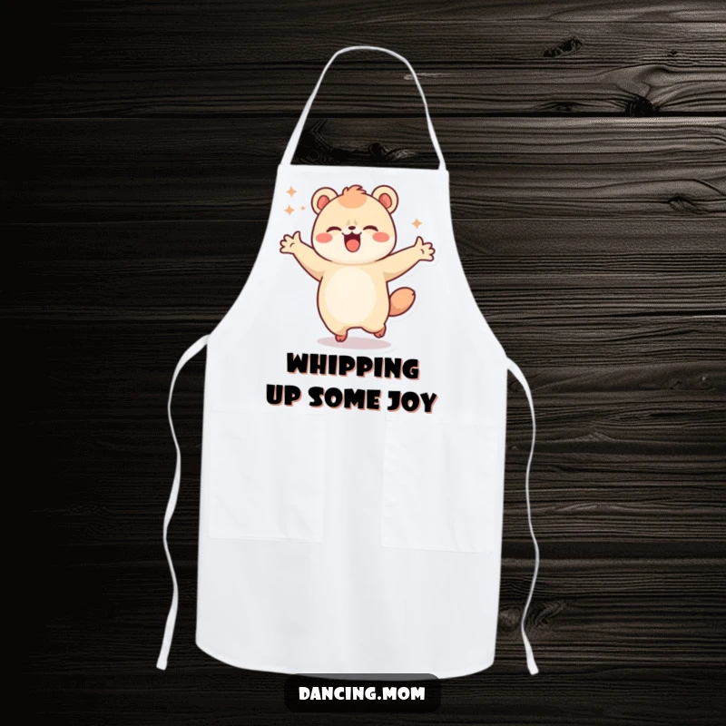 Funny apron showing a kawaii dancing animal spinning with pure joy, ready to add cheer to any kitchen task.