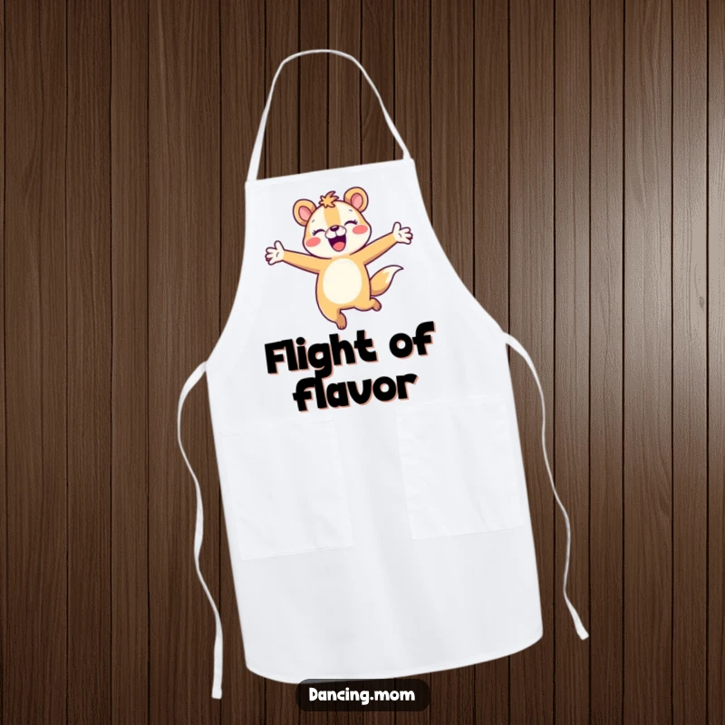 Funny animal character joyfully leaping with arms outstretched, while cooking, on a humorous kitchen apron.