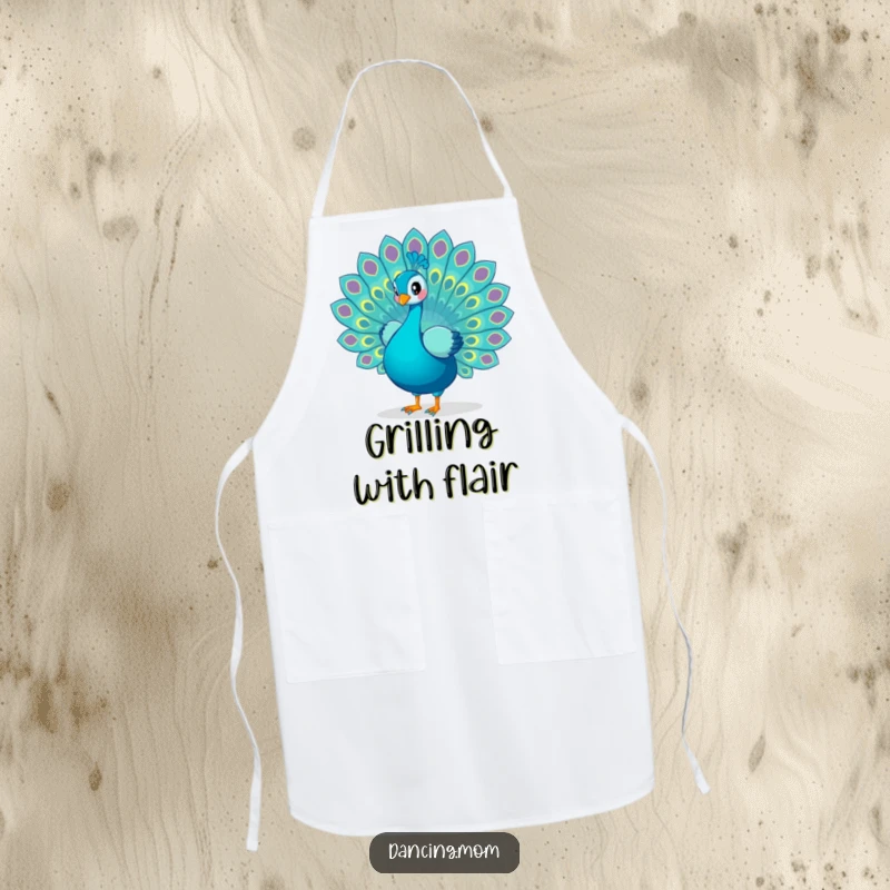 Funny Peacock apron depicting a playful peacock displaying its tail feathers in a dance, designed for stylish and humorous kitchen use.