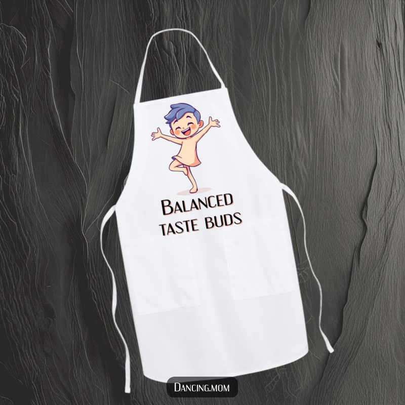 Funny apron illustrated with a playful dancer with a confident grin, balancing on one toe.