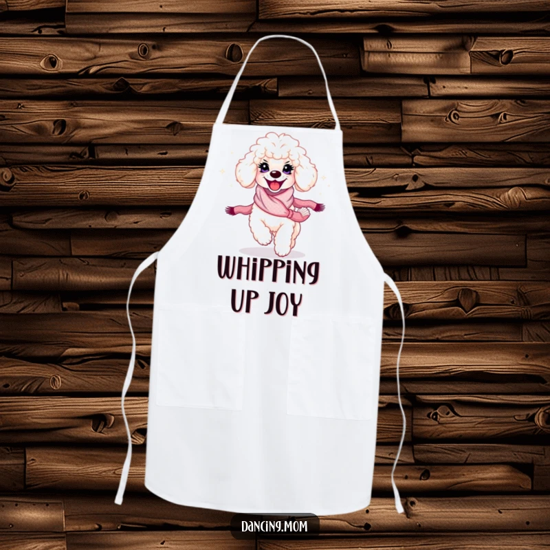 Funny Poodle Twirl Apron: A poodle with a radiant smile spins with a shimmering scarf, perfect for a glamorous kitchen.