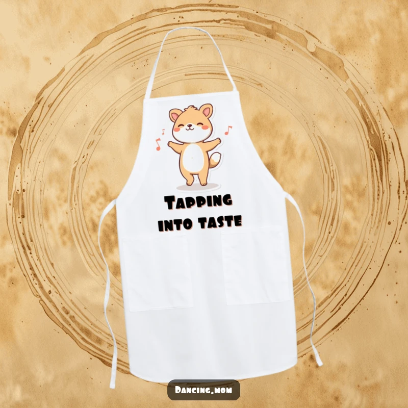 Funny animal character happily tapping its feet to music, while cooking, on a humorous kitchen apron.