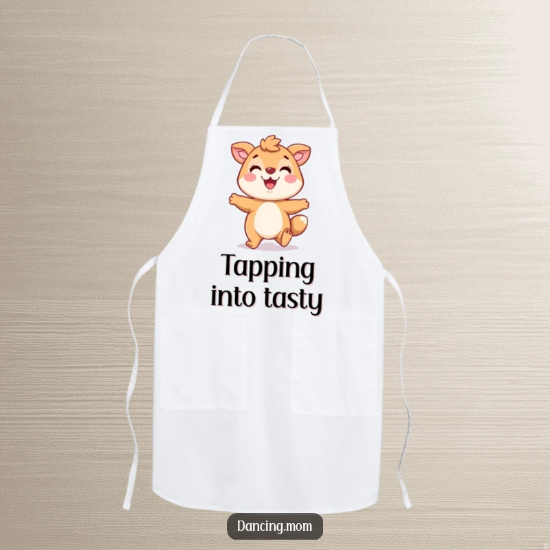 Funny apron showing a playful animal character tapping its feet with a big smile, ready for kitchen fun and culinary beats.
