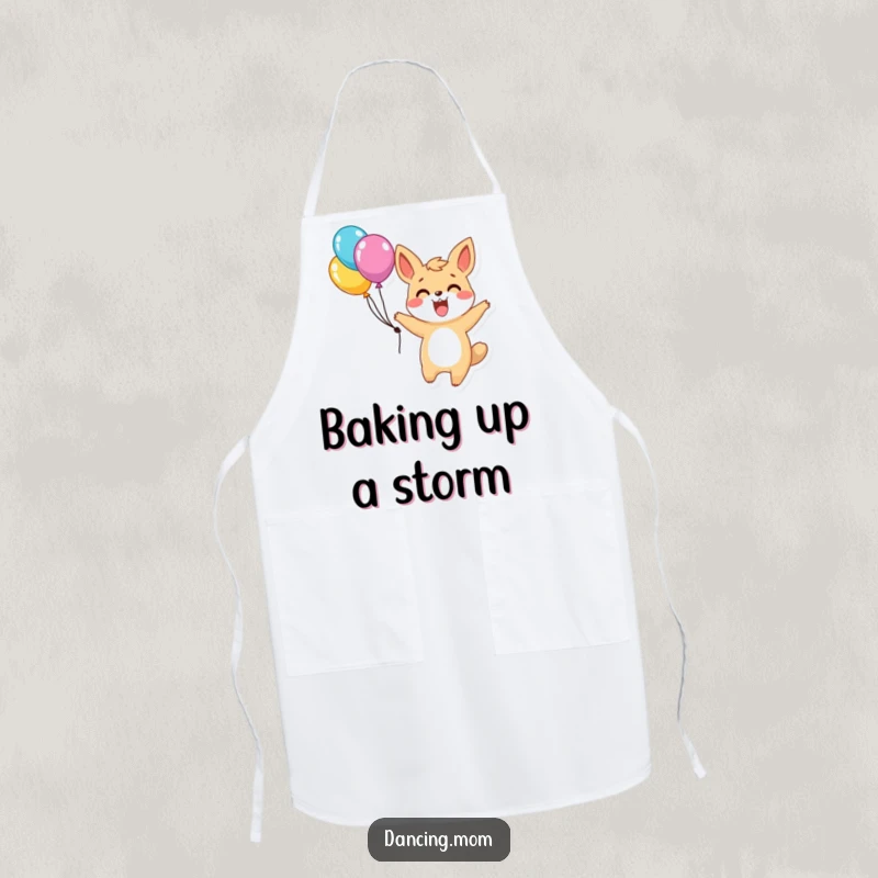 Funny apron showing an excited animal character twirling with balloons, ready to add a festive and joyful touch to cooking tasks.