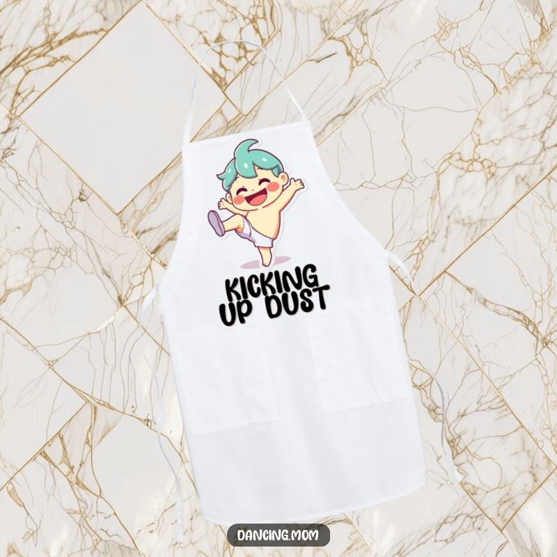 Funny Apron: Cheerful character doing a silly kick with a huge smile, bringing fun to the kitchen as a funny gift.