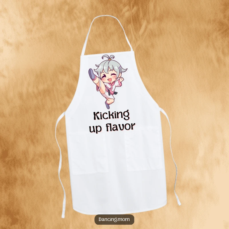 Funny apron showcasing a smiling character doing a high kick, perfect for a chef who adds flair to their cooking.