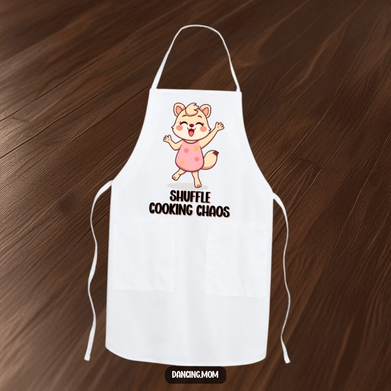 Funny apron with a dancing mom animal doing an energetic shuffle, perfect for kitchen fun, a lively funny gift.