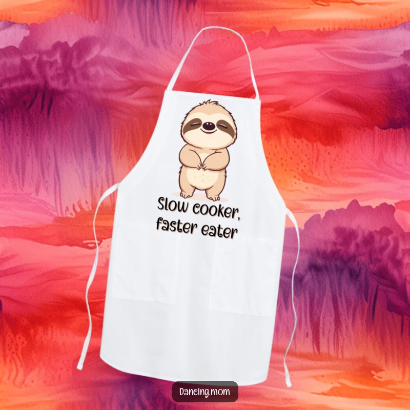 Funny Sloth apron featuring a happy sloth grooving slowly with blissful eyes, designed for humorous and relaxed kitchen experiences.