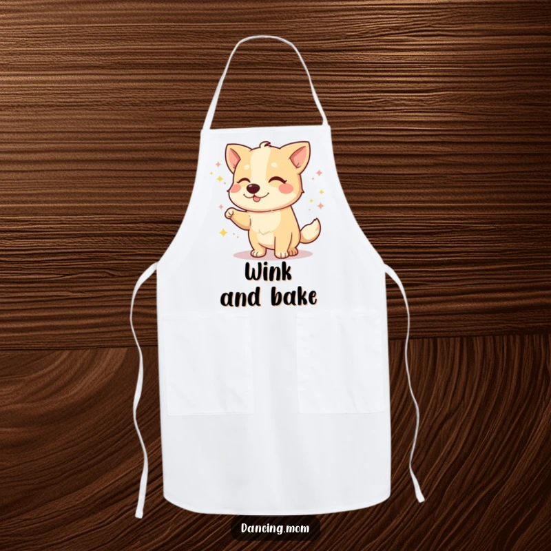 Funny dog apron featuring a dog winking playfully during a dance, perfect for kitchen fun and adding humor.