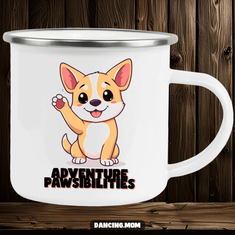 Funny camping mug showing a dog in a playful pose with a paw raised high, ready for outdoor activities.