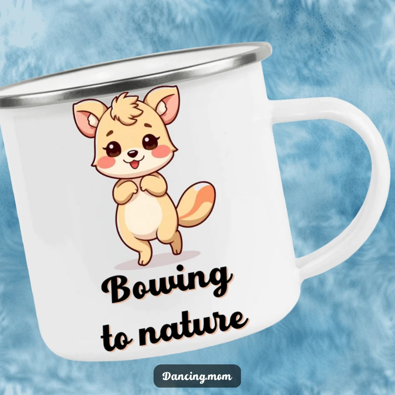 Funny camping mug of an animal bowing with a flourish, perfect for adding elegance to outdoor coffee breaks.