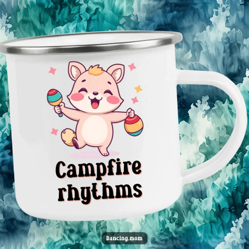 Funny camping mug of a happy animal shaking maracas, perfect for adding a festive touch to outdoor excursions.
