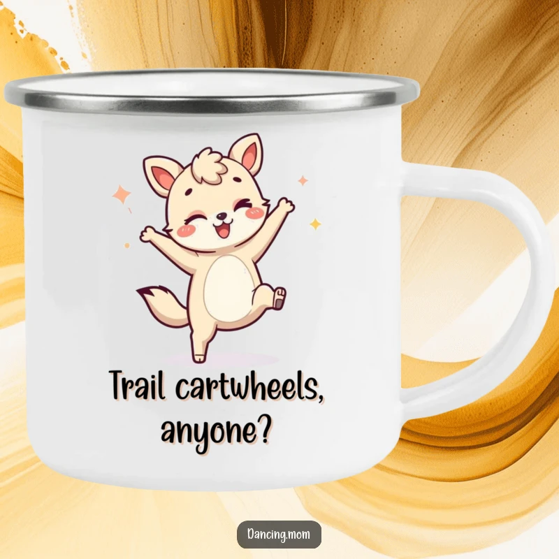 Funny camping mug showing a winking animal performing a cartwheel, ideal for adding humor to outdoor adventures.