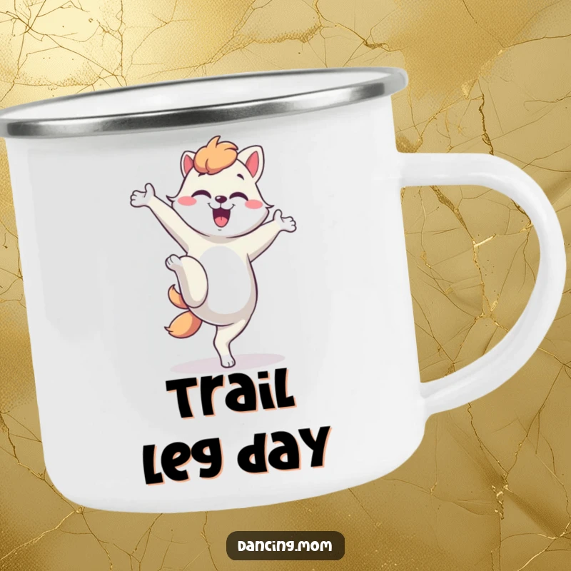 Funny dancing mom animal camping mug, showing a silly kick, perfect for enjoying drinks during outdoor adventures with humor.