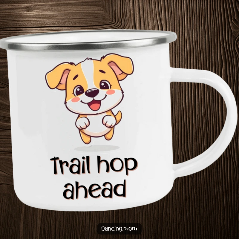 Funny dog camping mug showing a dog doing a silly little hop with pure fun, perfect for outdoor sipping.