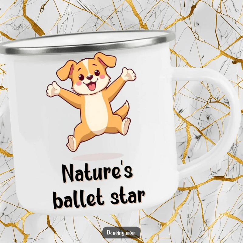 Funny camping mug with a dog leaping elegantly, arms outstretched, perfect for sipping coffee during outdoor escapades.