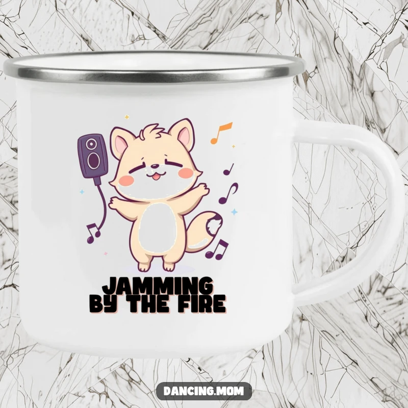 Funny camping mug featuring a spirited animal character grooving with eyes closed, perfect for enjoying drinks outdoors to unseen music.