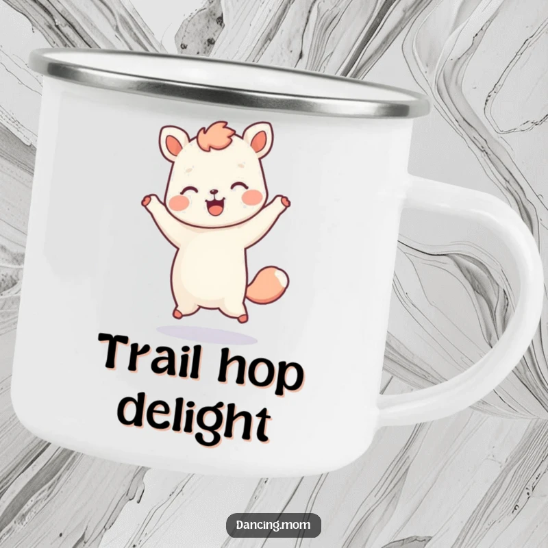 Funny camping mug featuring a kawaii dancing animal in a playful hop with a happy expression, perfect for outdoor fun.