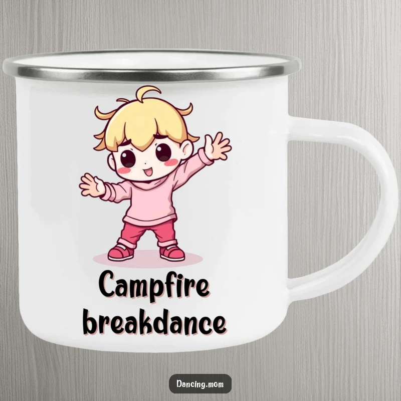 Funny Kawaii Dancer Camping Mug: Cute character breakdancing with arms planted firmly, bringing energy to outdoor fun.