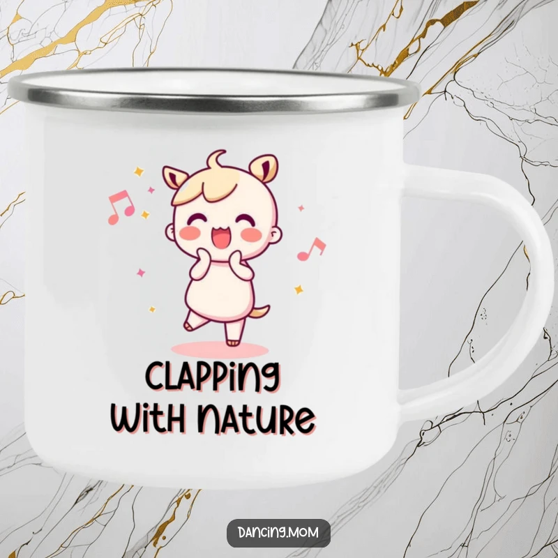 Funny Kawaii Dancer Camping Mug: Cute character joyfully clapping along to a beat, bringing happy vibes outdoors.