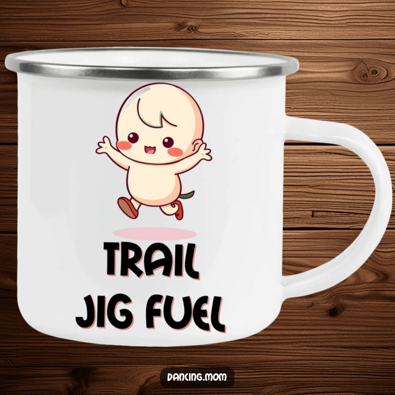 Funny Kawaii Dancer Camping Mug: Adorable character doing a silly jig with stomping feet, perfect for outdoor fun.