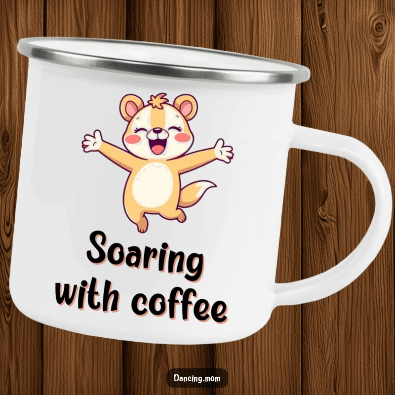 Funny animal character joyfully leaping with arms outstretched, printed on a durable camping mug.