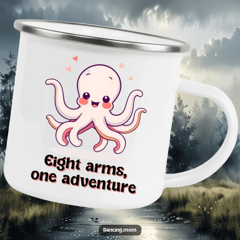Funny Octopus camping mug featuring a delighted sea creature wiggling its arms in a dance, perfect for outdoor beverage enjoyment.