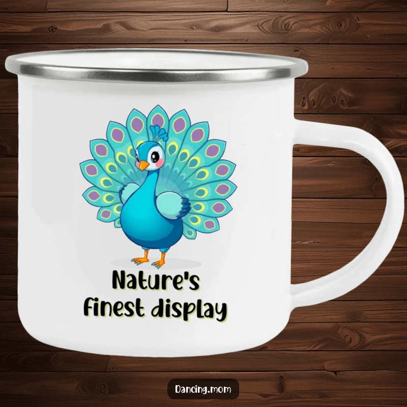 Funny Peacock camping mug featuring a playful bird displaying its tail feathers in a dance, perfect for enjoying drinks outdoors.