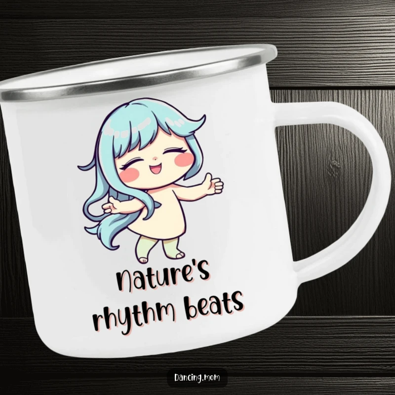Funny camping mug featuring a dancer with eyes closed and a peaceful smile, immersed in the rhythm.