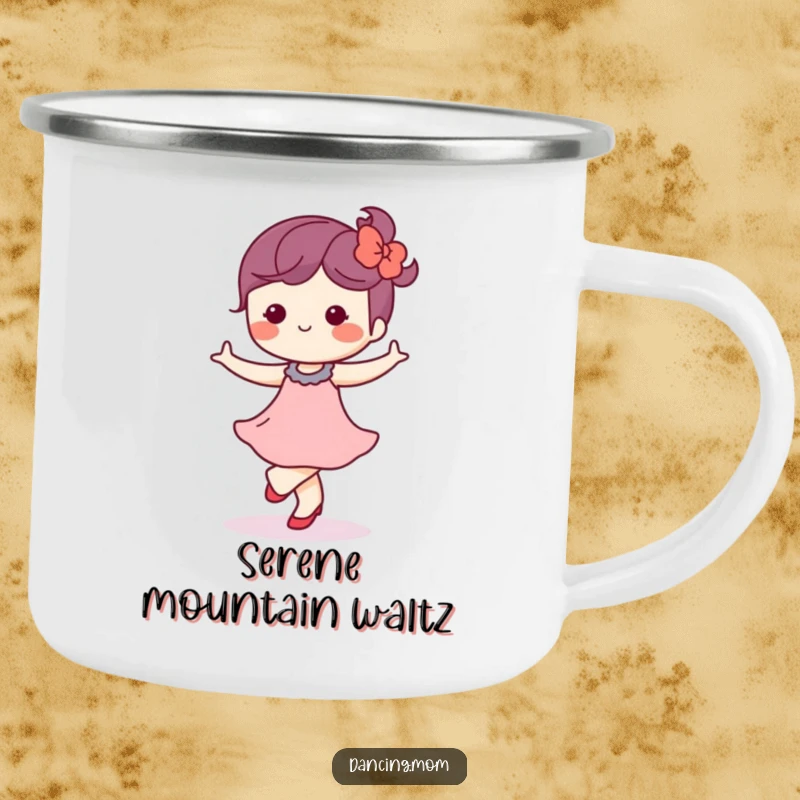 Funny Kawaii Dancer Camping Mug: Cute character waltzing softly with a blissful expression, great for peaceful camping.