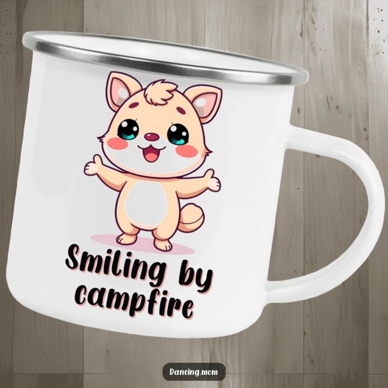 Funny camping mug featuring a kawaii dancing animal with a wide smile, striking a fun pose during outdoor adventures.