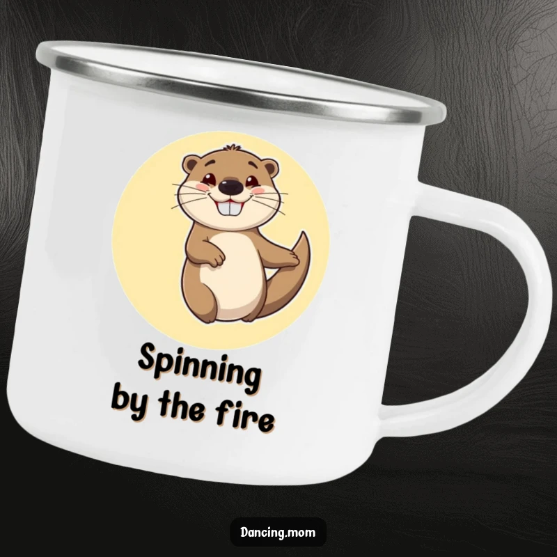 Funny camping mug with a cheerful otter spinning in circles with a goofy, happy grin, for outdoor cheer.