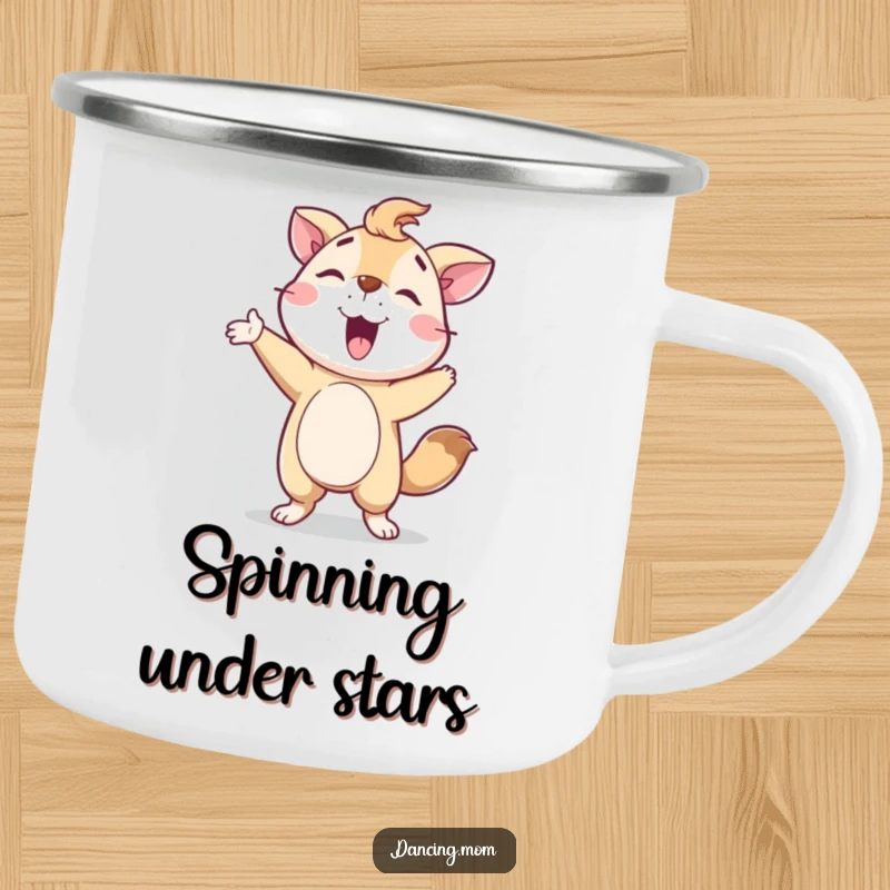 Funny Camping Mug: A delighted animal character proudly posing after a spin, perfect for outdoor adventures.