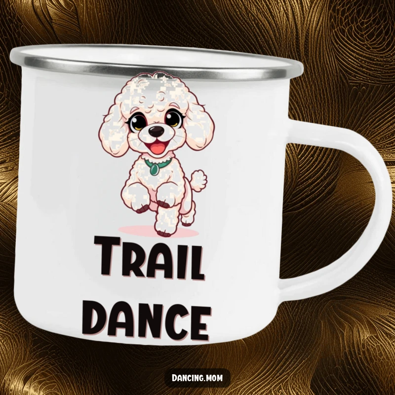 Funny Poodle Happy Shuffle Camping Mug: A poodle with delighted eyes does a lively shuffle with tiny feet, perfect for outdoor fun.