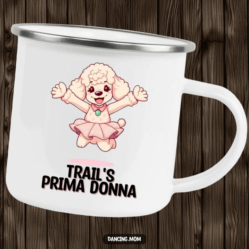 Funny Poodle Diva Camping Mug: A poodle in a dazzling dress leaps with joy, perfect for outdoor enthusiasts and dog lovers.