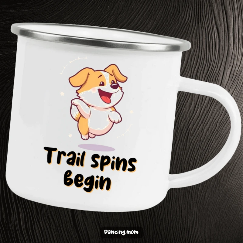 Funny dog camping mug showing a happy dog spinning with sheer delight, perfect for outdoor sipping and humorous moments.