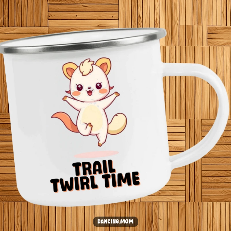 Funny camping mug with a durable design, showing a kawaii animal with flowing limbs, captured mid-twirl for outdoor fun.