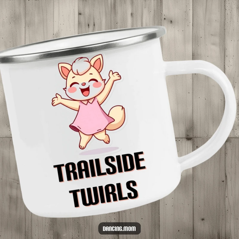 Funny camping mug with a dancing mom animal joyfully twirling, perfect for outdoor adventures, a rugged funny gift.